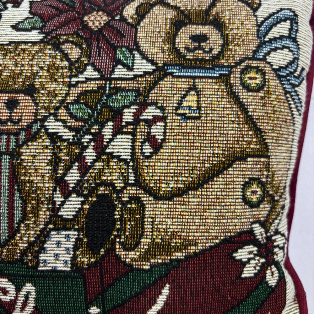 Vintage Christmas Teddy Bear Tapestry Throw Pillow Merry Christmas Decor 13x10